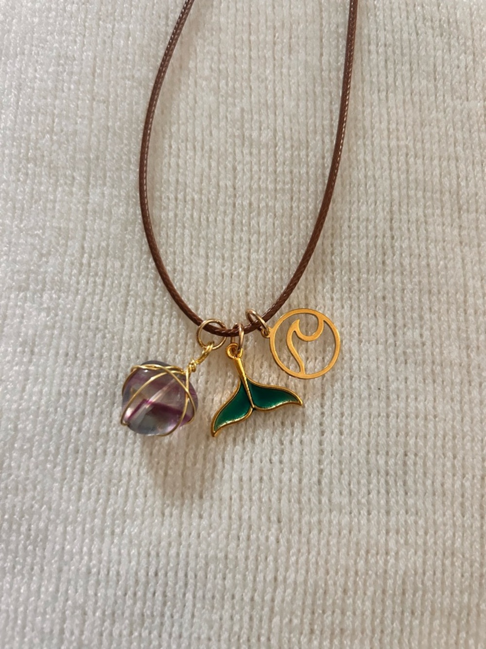 Handcrafted Brown Cord Necklace with Multicolor Gold Wrapped Fluorite